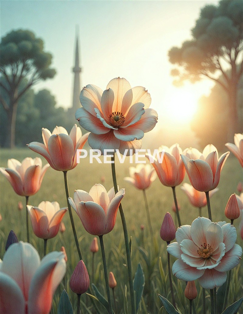A field of blooming pink and white tulips with a soft sunlight background, trees, and a distant minaret or tower in the backdrop.